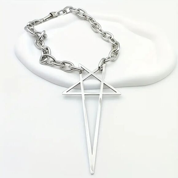 Oversized Punk Gothic Emo Geometric Silver Star Cross Pendant Necklace - Picture 5 of 6